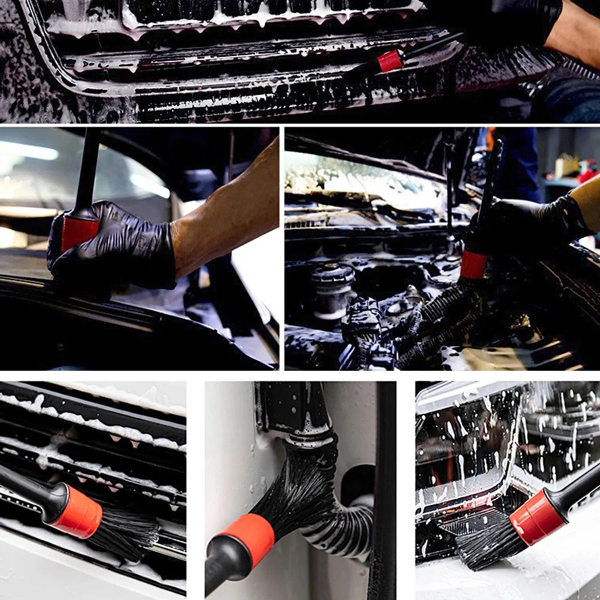 Nineteen72 Performance 5-piece detailing wheel brushes set, with various sizes and bristle types for cleaning car wheels and rims.