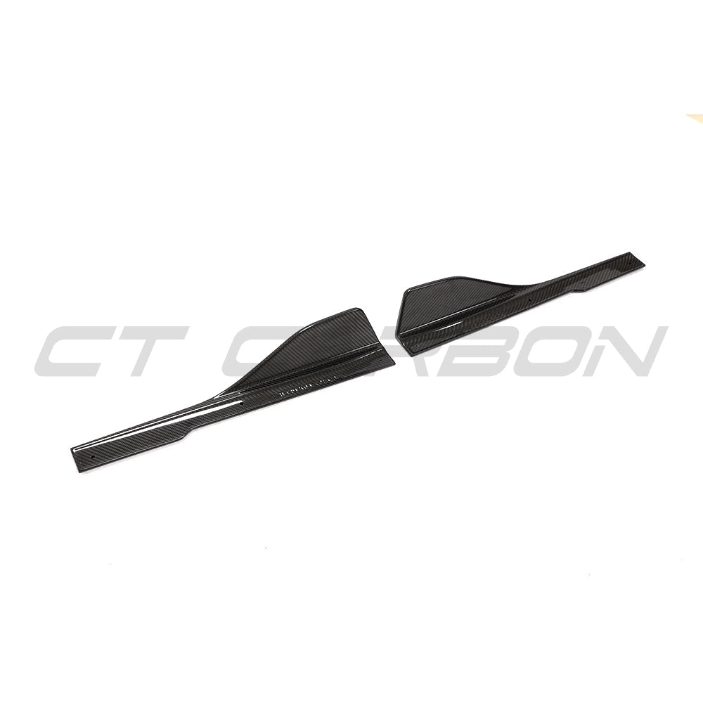 BMW 8 Series and M8 G16/F93 carbon fiber side skirts by CT Carbon, sleek and lightweight for sporty styling.