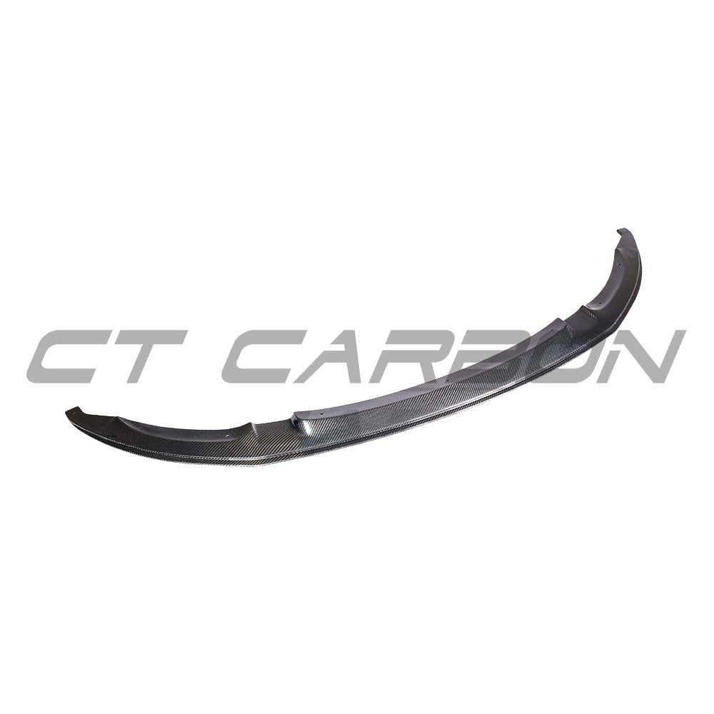 BMW M3 M4 carbon fiber splitter V7 by CT Carbon, showcasing the sleek, lightweight aerodynamic car part on a vehicle.