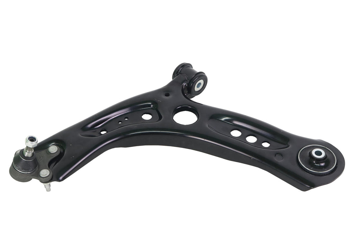 Whiteline front lower control arm showing connection points and metal construction for vehicle suspension upgrade.