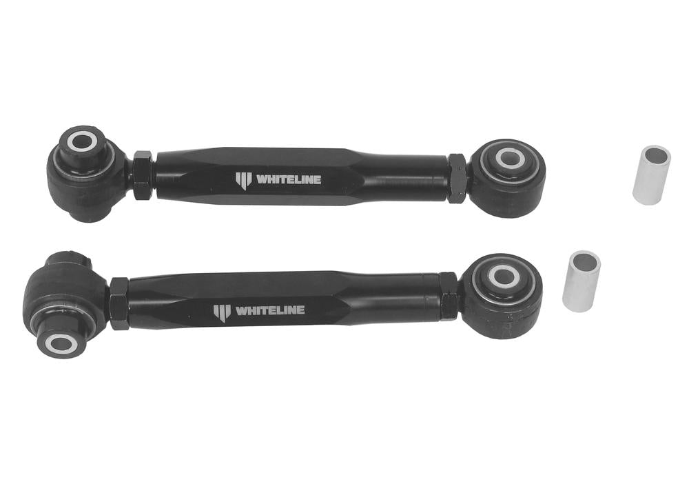 Whiteline control arm lower front drop link showing metal arm with rubber bushings for vehicle suspension.