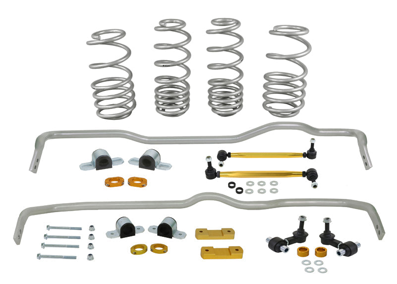Whiteline Grip Series 1 anti-roll bar and lowering spring kit for VW Golf Mk7 R, showing suspension linkages and coil springs.