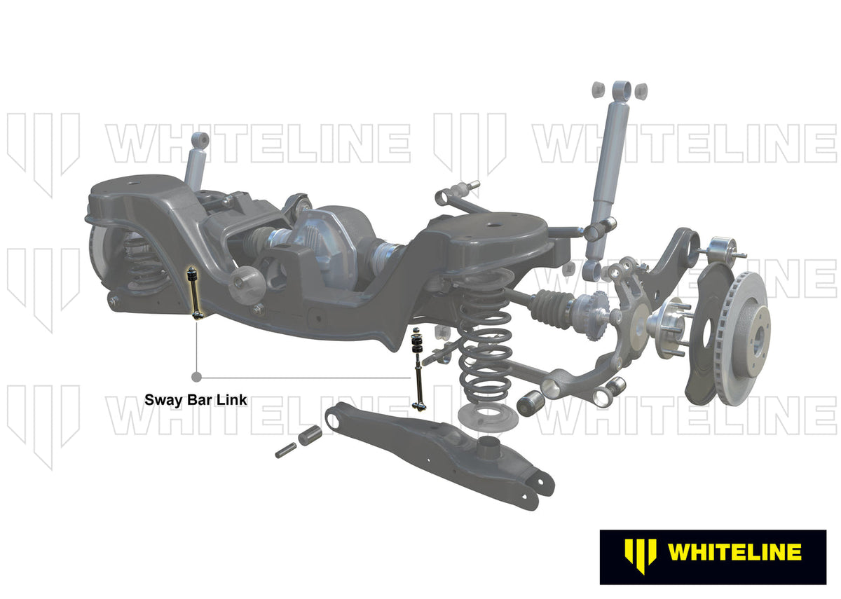 Whiteline rear heavy-duty adjustable anti-roll bar drop links for Audi, Seat, Skoda, VW Golf 2003-2019, showing durable metal construction