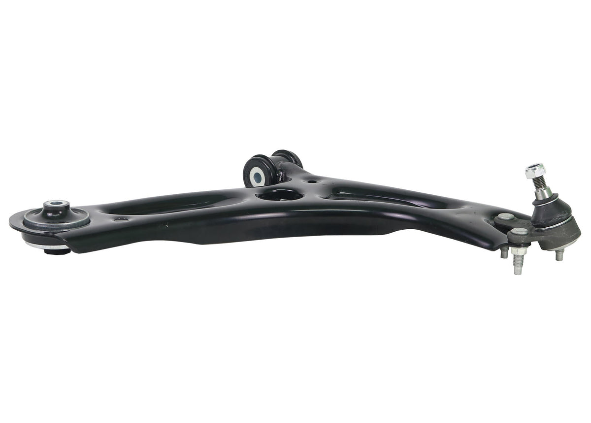 Whiteline front lower control arm for vehicle suspension, showcasing the sturdy metal arm with mounting points.