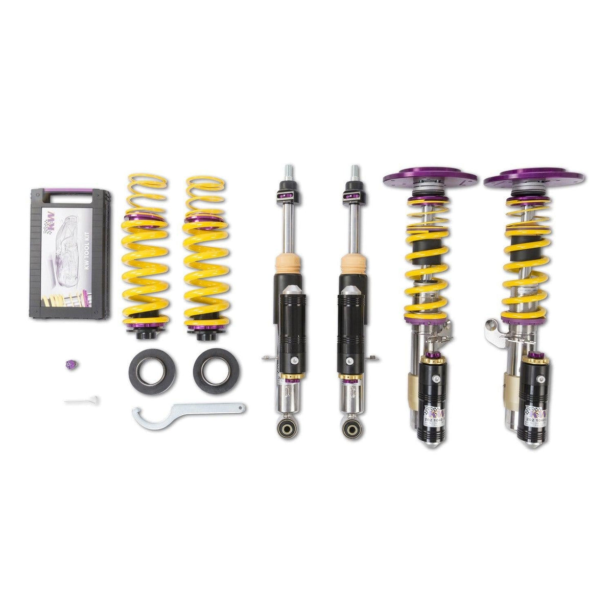 KW Suspension BMW M3/M4 ClubSport V4 coilover kit for F80/F82 models, featuring adjustable suspension coilovers for improved performance.