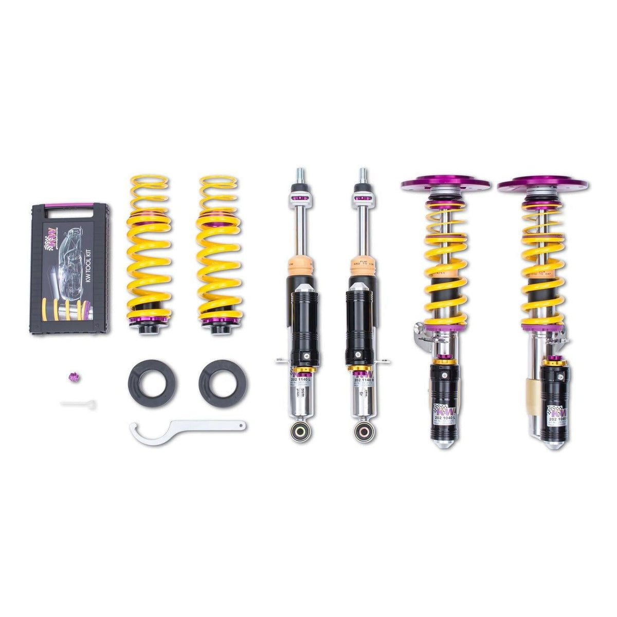 KW Suspension ClubSport V4 coilover kit for BMW M3 F80 and M4 F82, featuring adjustable suspension components.
