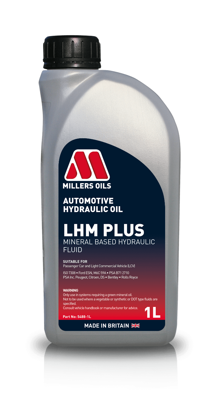 Bottle of Millers Oils LHM Plus 1 Litre vehicle fluid for hydraulic and brake systems, with a white and blue label.
