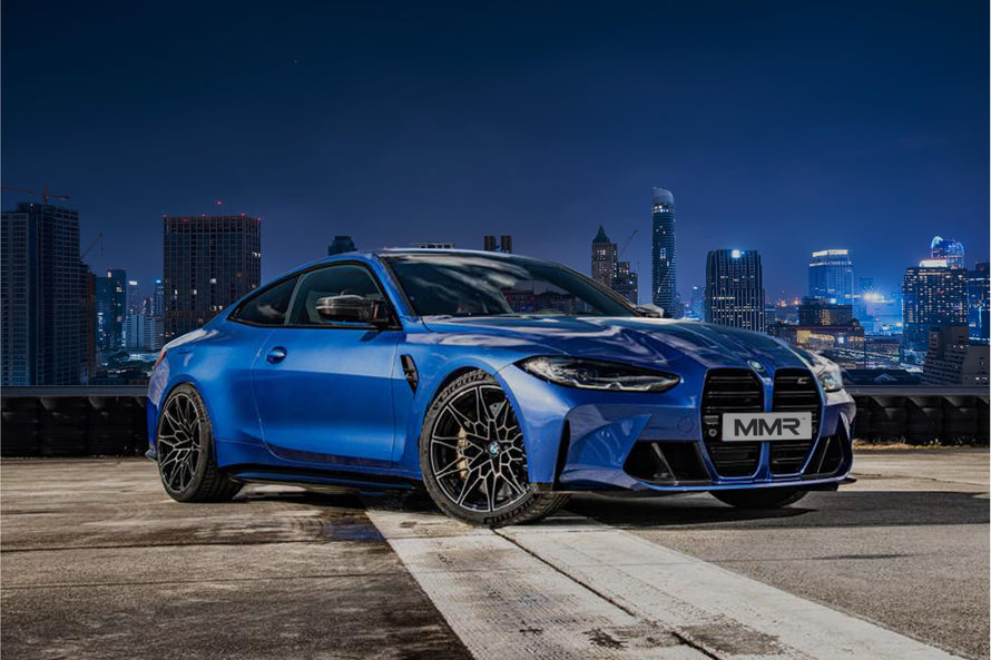 Bimecc MMR Performance Wheel Spacer Stance Kit for BMW M4 G82 G83, blue components, for improved wheel fitment and stance.