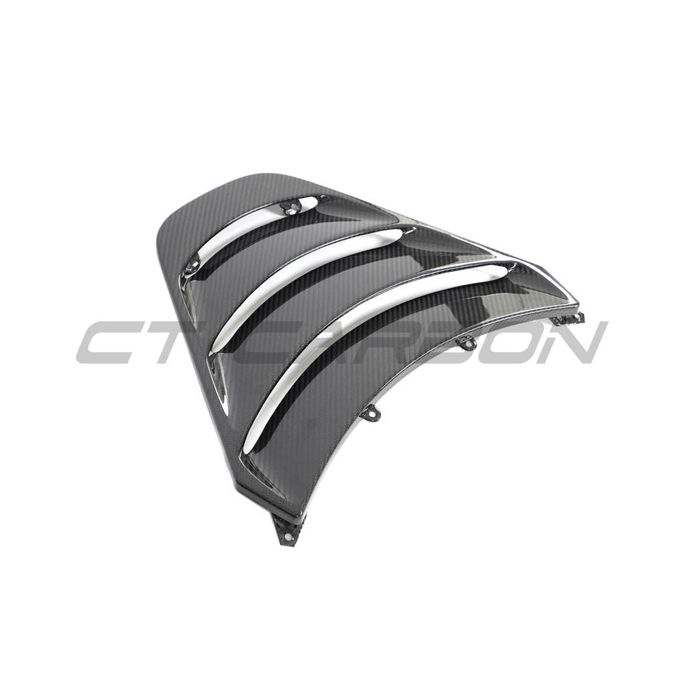 Carbon fiber engine cover for McLaren 720S by CT Carbon, showcasing sleek black material with detailed craftsmanship.