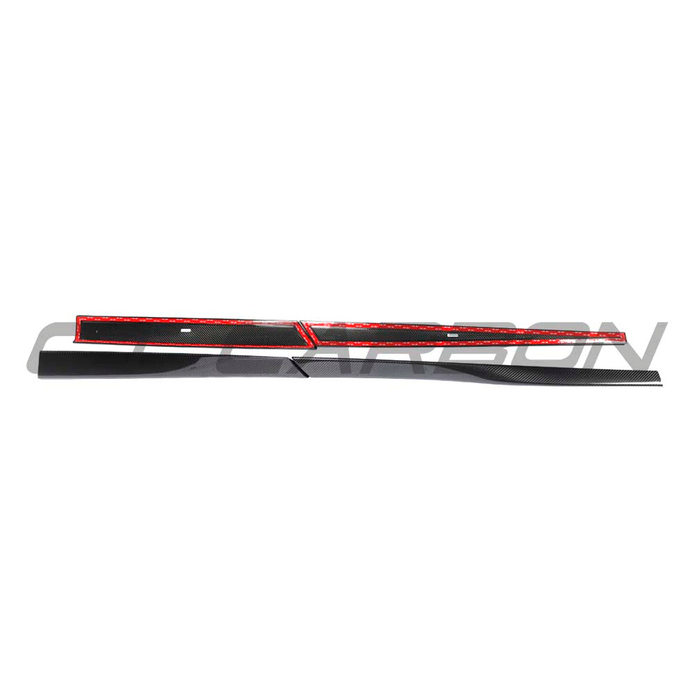 Carbon fiber side skirts for McLaren Artura 2023 by CT Design, showcasing sleek, aerodynamic enhancement on the car's sides.