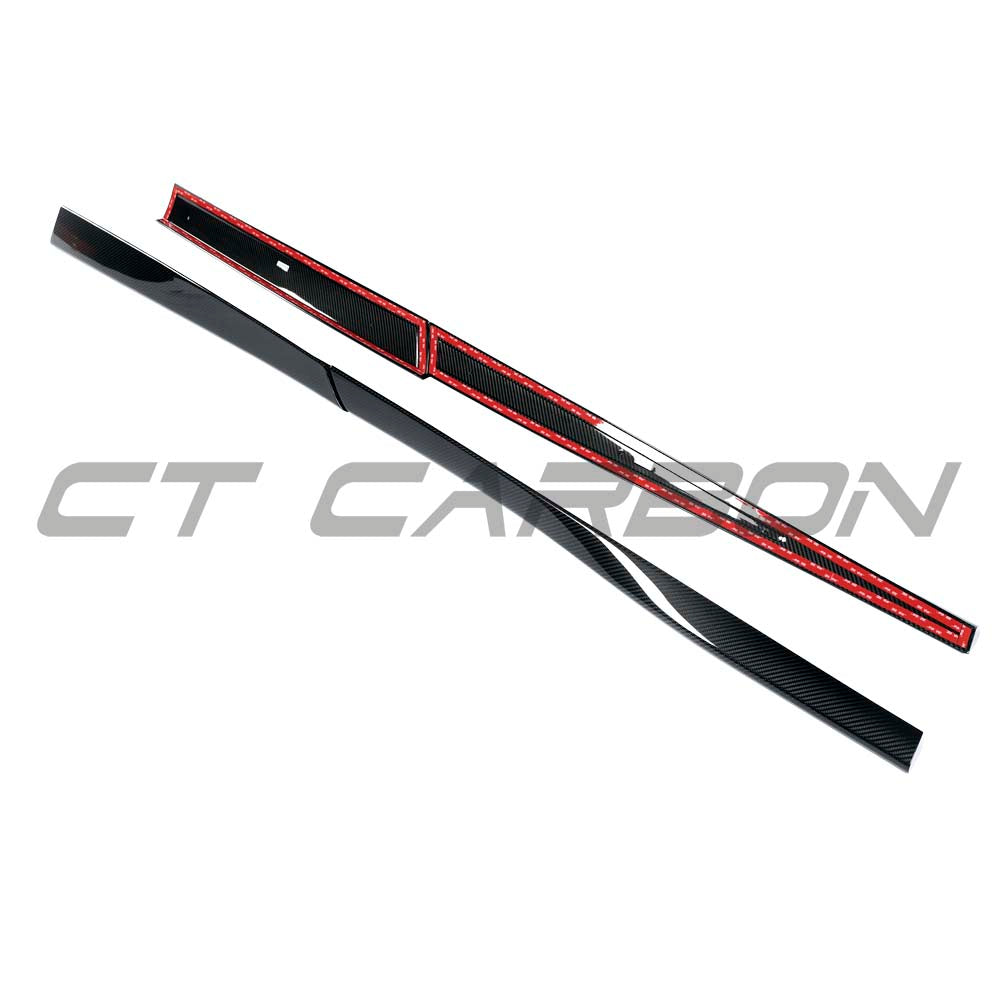 Carbon fiber side skirts for MCLAREN ARTURA 2023 by CT Carbon, featuring sleek, aerodynamic design and detailed close-up view.