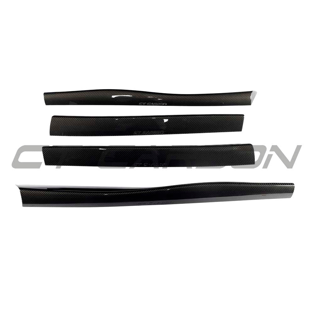 Carbon fiber side skirts for MCLAREN ARTURA 2023 by CT Carbon, shown on a sleek sports car with detailed close-up.