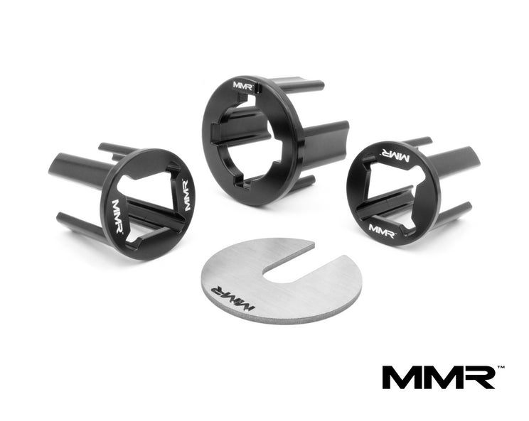BMW F2x F3x suspension linkage with MMX Performance billet differential inserts, lightweight, durable aluminum components.