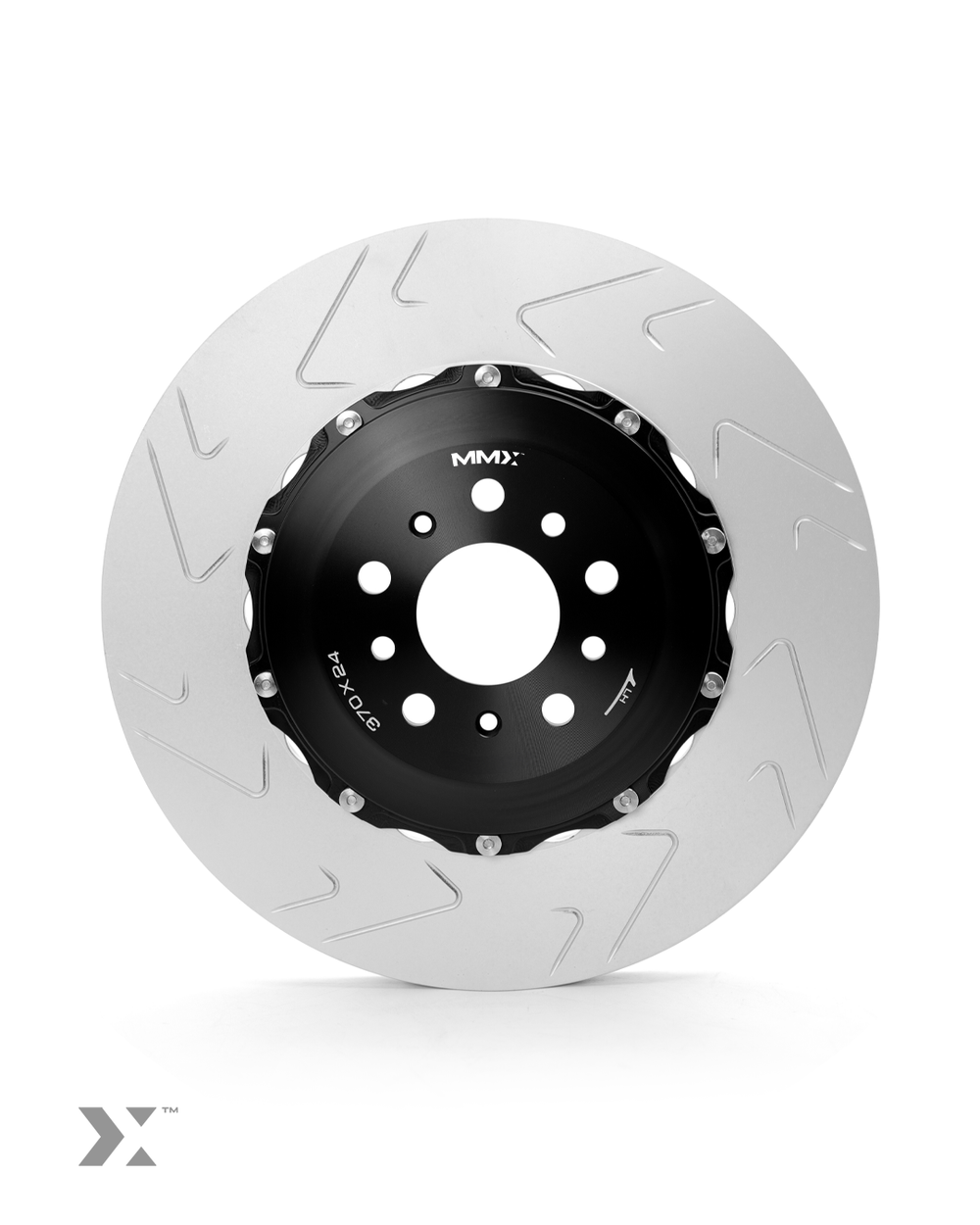 Rear BMW F8x brake discs by MMX Performance, 2-piece 370mm rotors shown with detailed vented design and mounting holes.