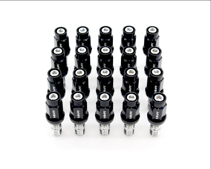 MMX Performance BMW and Mini wheel stud and nut conversion kit with multiple studs and nuts, ready for installation.