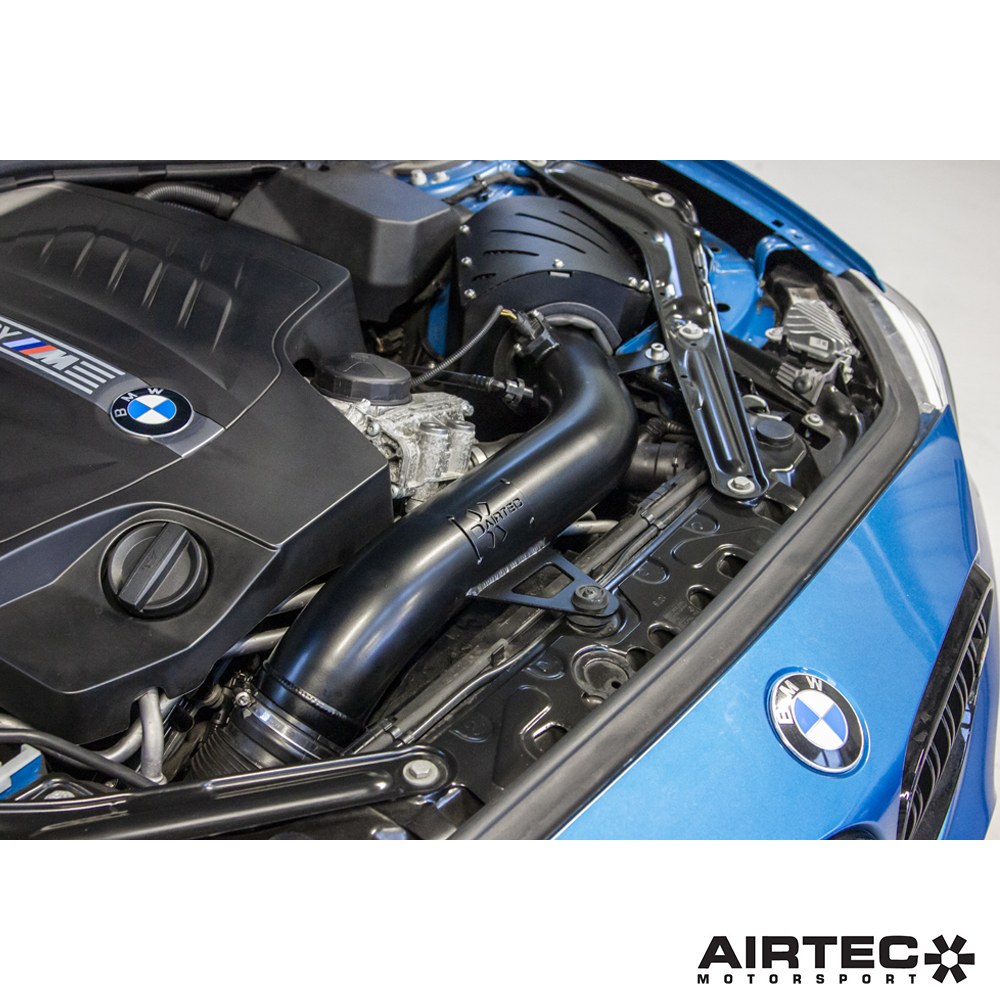 Airtec Motorsport induction kit for BMW N55 engine, showing air filter and intake components for M135I, M235I, 335I, 435I, and M2.