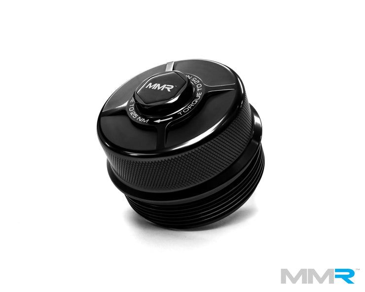 BMW N20, N52, N54, N55, S55 engine bay with MMX Performance billet oil filter housing for improved engine protection and style.