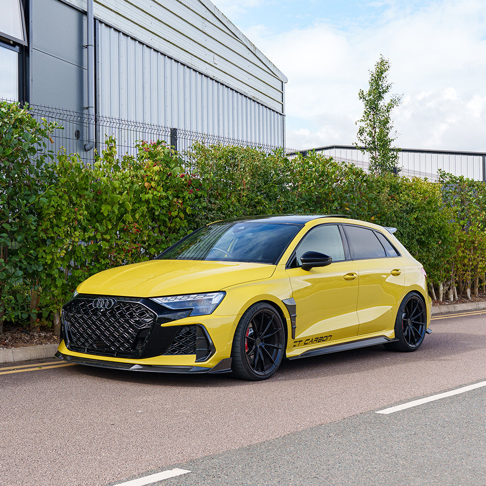 Full view of a black Audi RS3 8Y 2025+ facelift Sportback with CT Design V2 full carbon fiber kit installed.