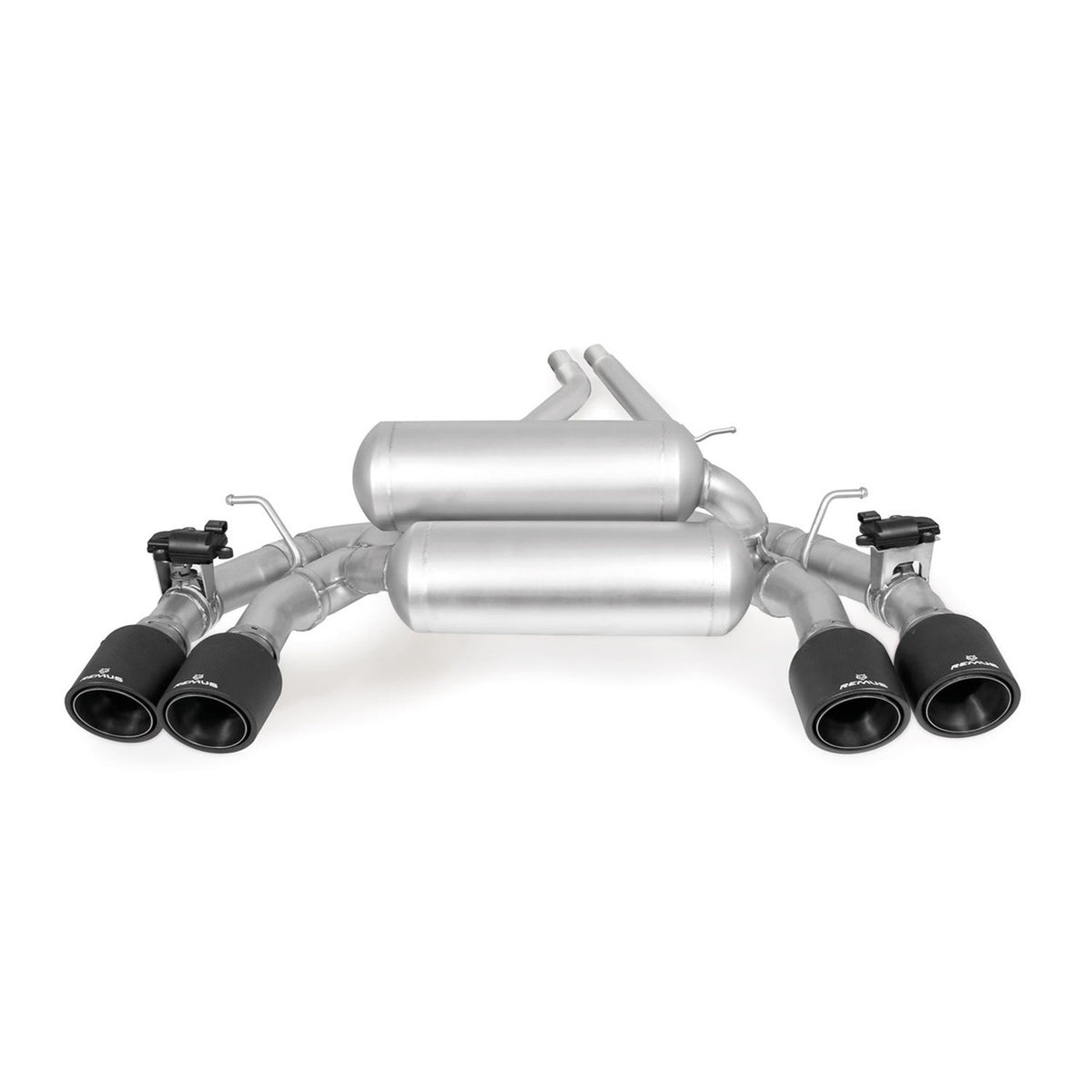 Remus BMW M2 Competition F87 axle-back exhaust system with polished tips and racing design, installed on the vehicle.
