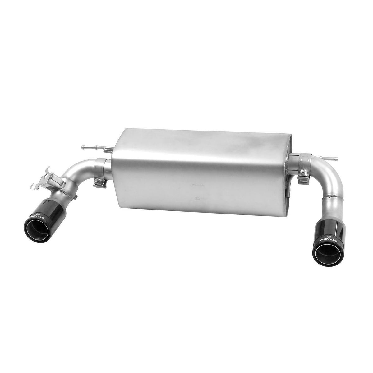 Remus BMW axle-back exhaust system for M135i and M235i N55 models, shown installed on F20, F21, F22, and F23 series.