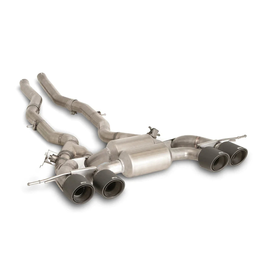 Remus BMW M3 M4 Racing GPF back exhaust system with dual exhaust tips for G80 G82 G83 models, showcasing polished metal finish.