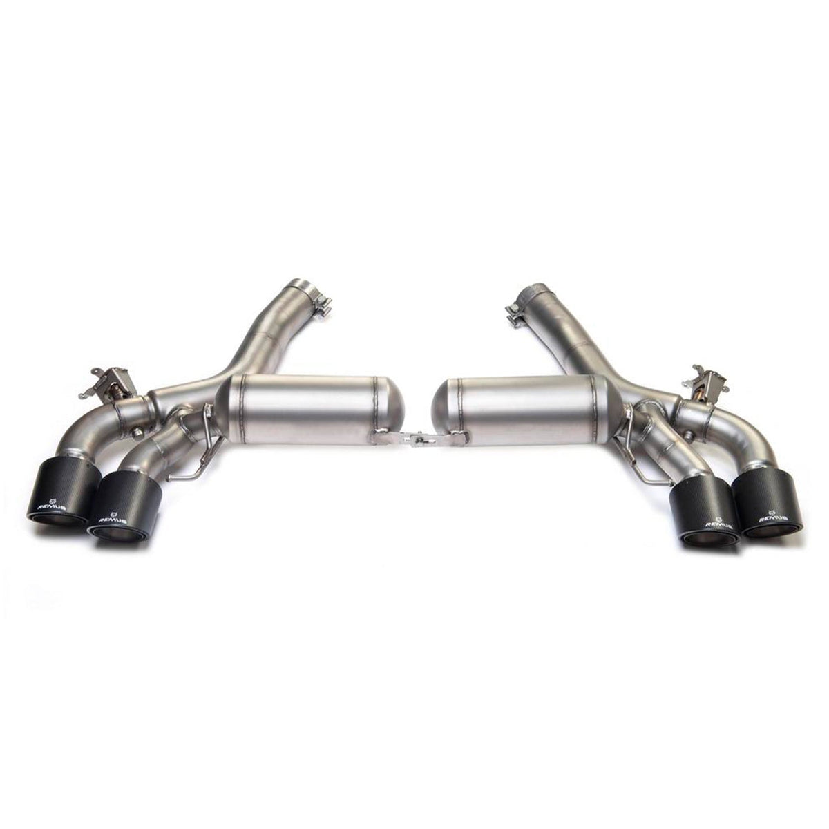 Remus BMW M5 F90 racing axle-back rear silencer exhaust system for non-GPF vehicles, showcasing polished metal tips and sleek design.
