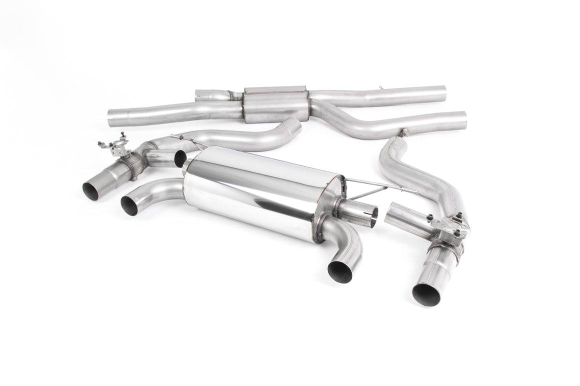 Milltek Sport BMW M2 F87 Competition cat back exhaust system showing polished stainless steel pipes and muffler components.
