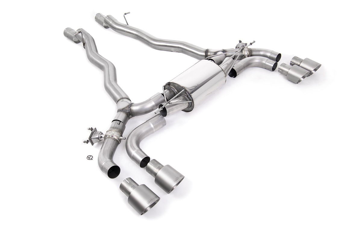 Milltek Sport BMW M5 F90 LCI GPF/OPF back exhaust system with chrome and black exhaust tips, mounted on the vehicle.