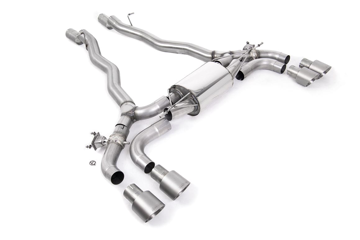 Milltek Sport BMW M5 F90 LCI GPF/OPF back exhaust system with dual chrome exhaust tips on a black vehicle.