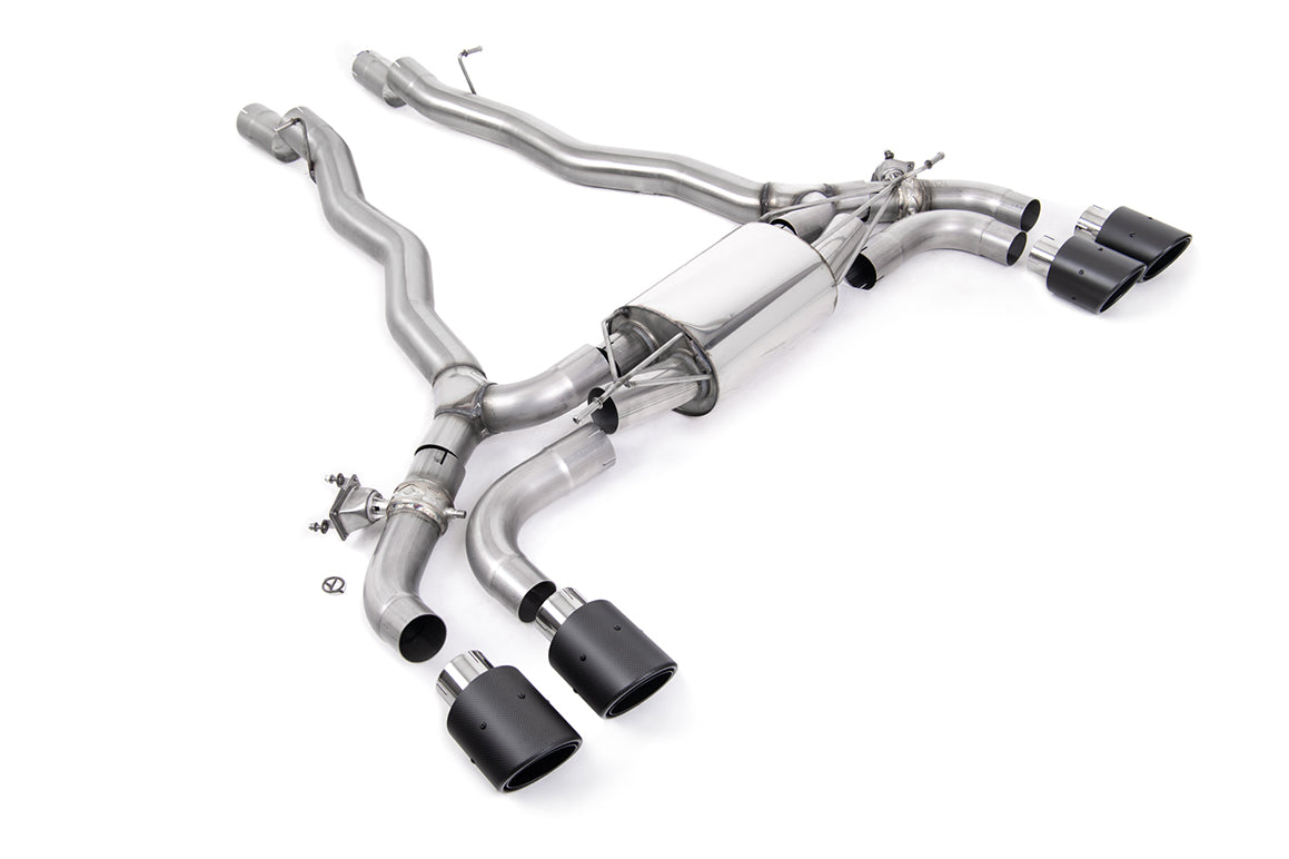 Milltek Sport BMW M5 F90 LCI GPF/OPF back exhaust system with dual chrome tips and sleek stainless steel pipes.