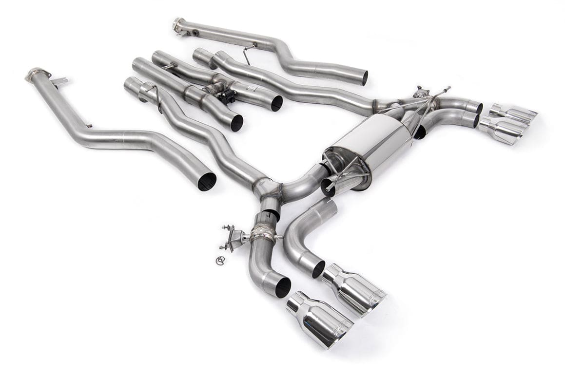 Milltek Sport BMW M5 F90 LCI GPF/OPF back exhaust system with dual chrome tips and stainless steel pipes on a vehicle.