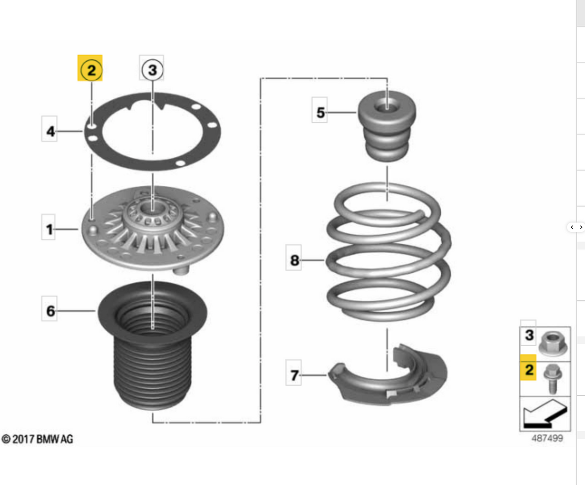 Genuine BMW F8X M2, M3, M4 strut top mount bolts kit with metal components and mounting hardware for suspension assembly.