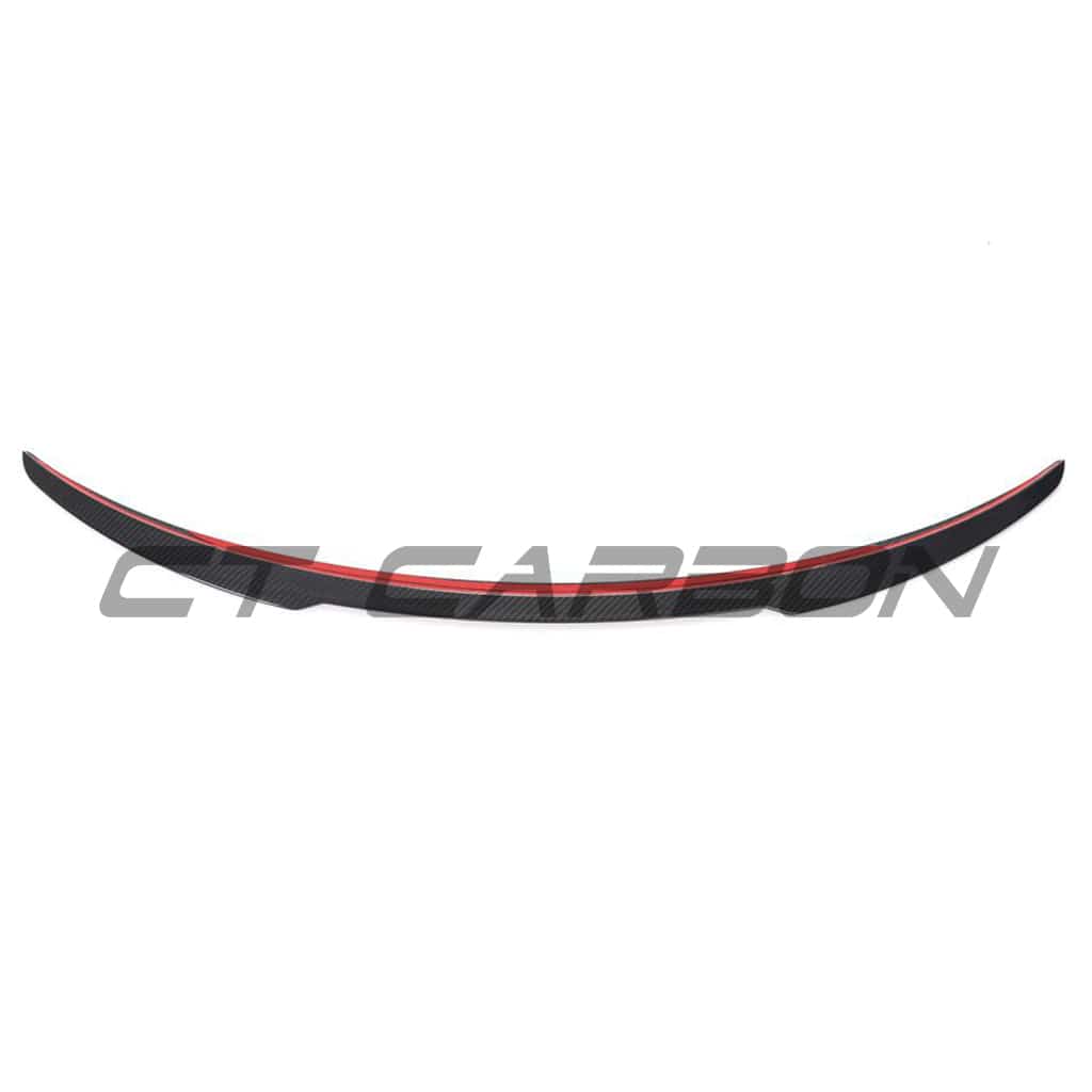 Tesla Model Y 2020-2025 carbon fibre spoiler by CT Carbon, V1, showing sleek aerodynamic design on the car's rear.