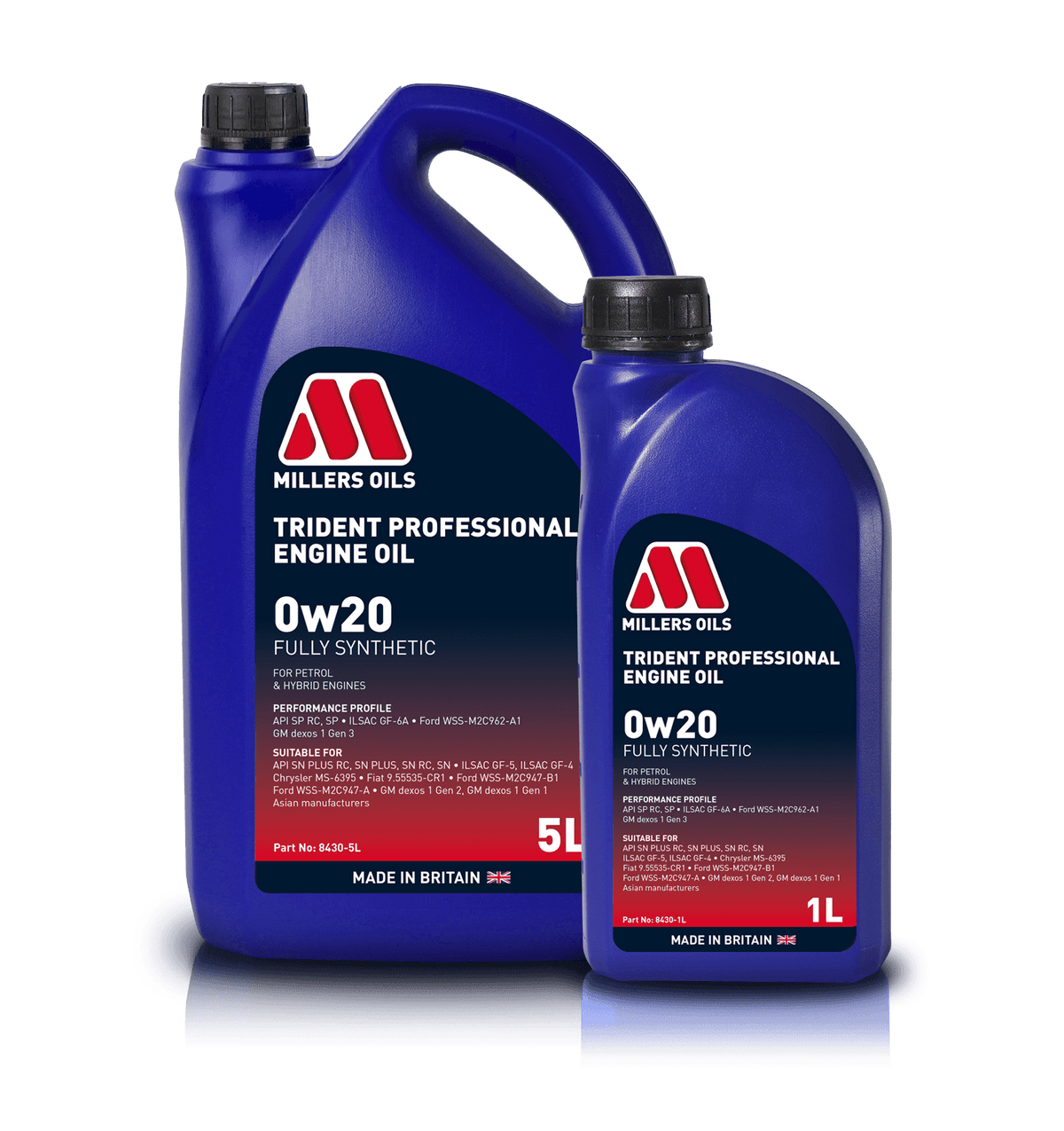 Millers Oils Trident Professional 0W20 engine oil container, ideal for vehicle lubrication and engine performance.