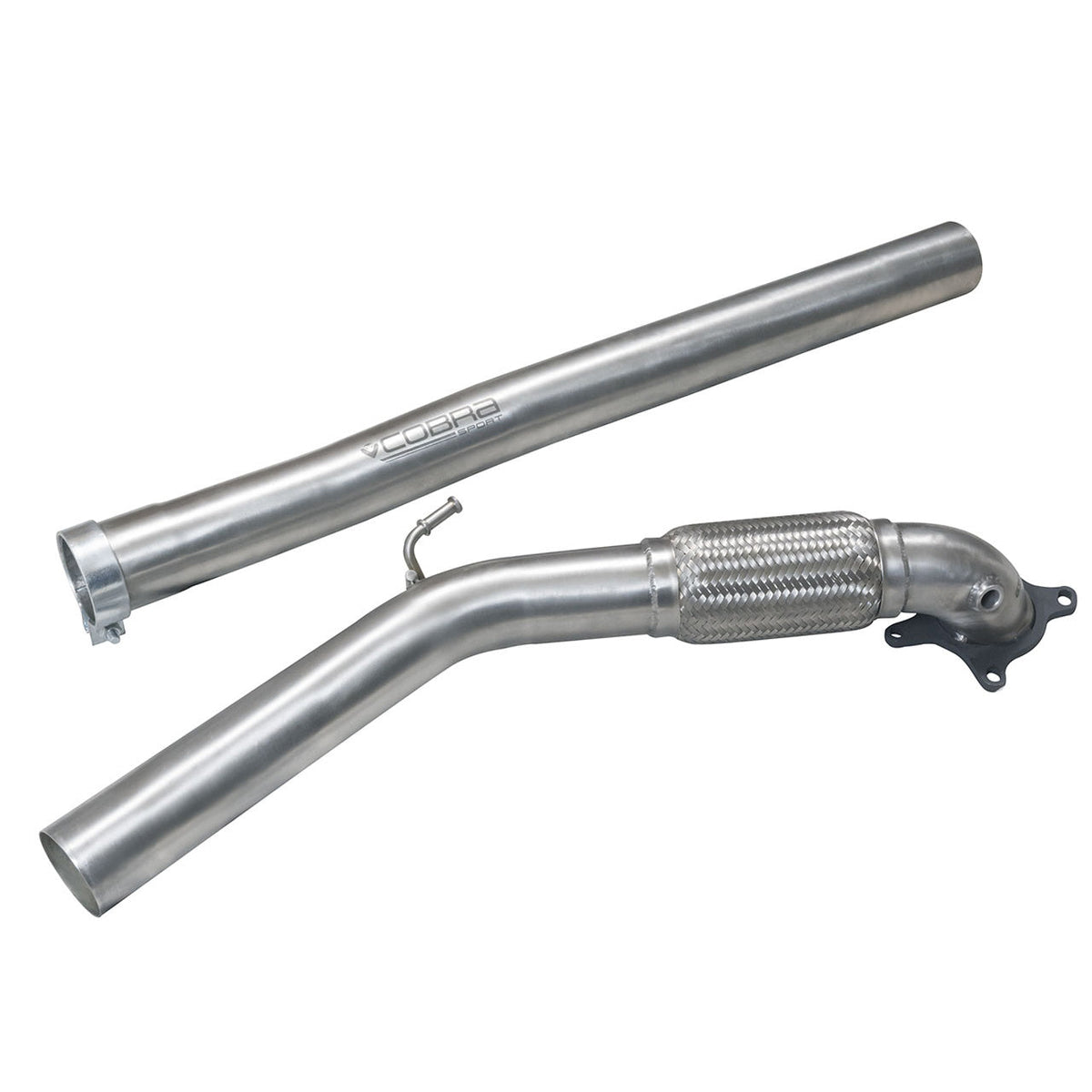 Cobra Sport VW Golf GTI Mk5 2.0 T FSI front downpipe de-cat exhaust pipe, showing polished metal and connection points.