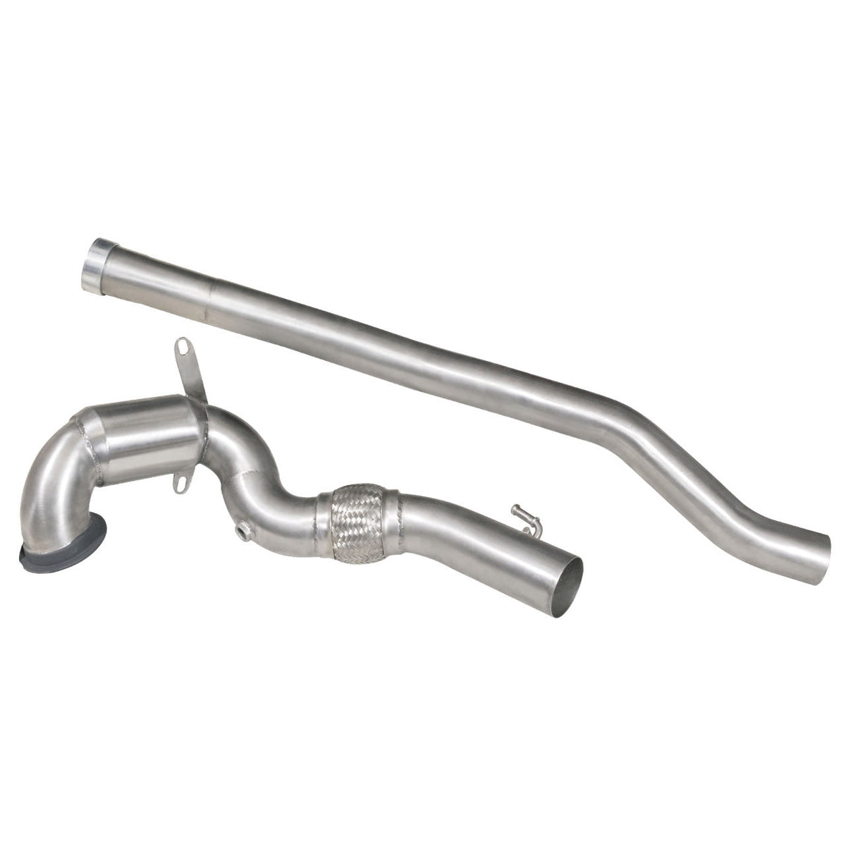 Cobra Sport VW Golf R Mk7.5 front downpipe for 2.0 TSI performance exhaust system, showcasing the polished metal pipe.