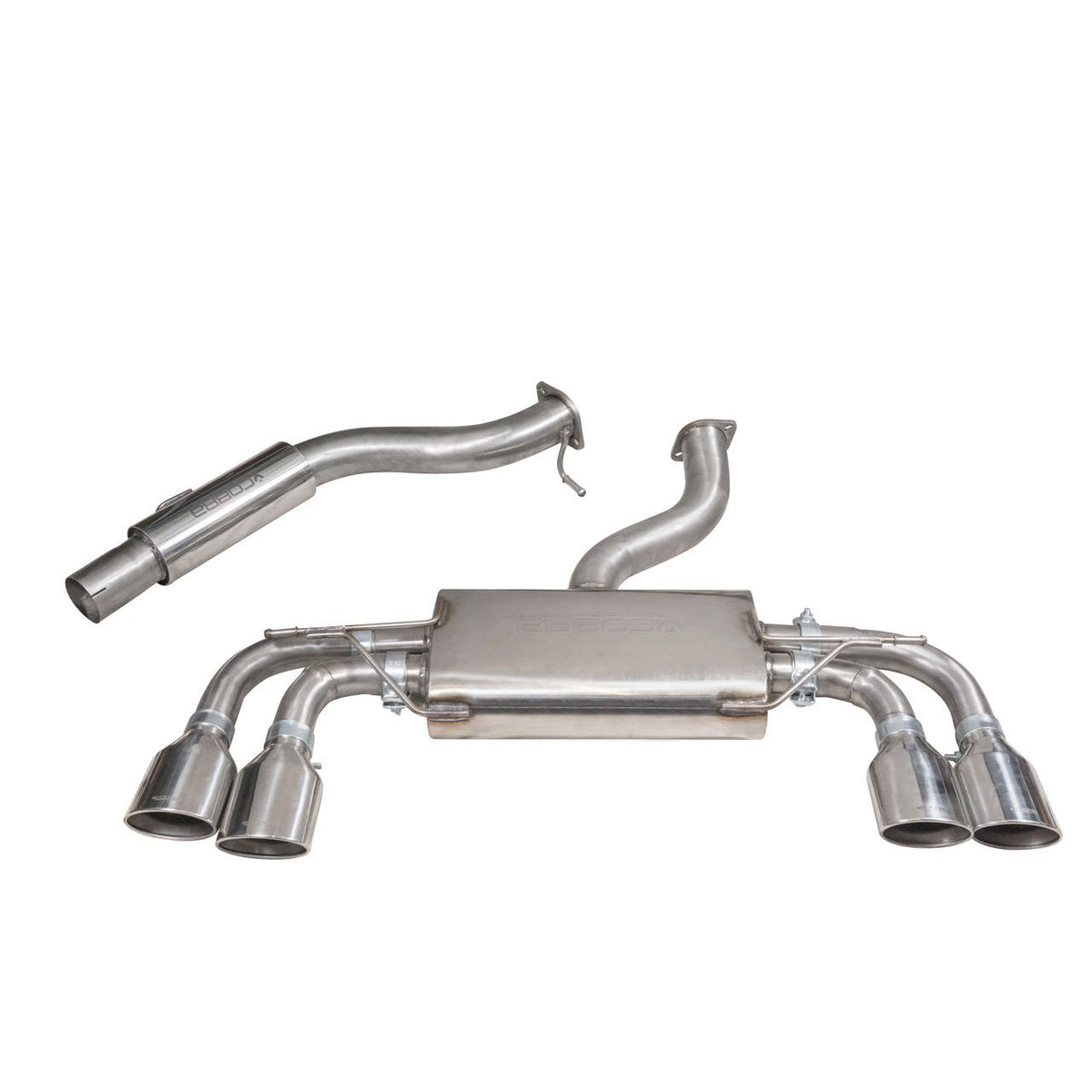Cobra Sport VW Golf R Mk7.5 2.0 TSI cat back exhaust system with resonated muffler and polished tips.