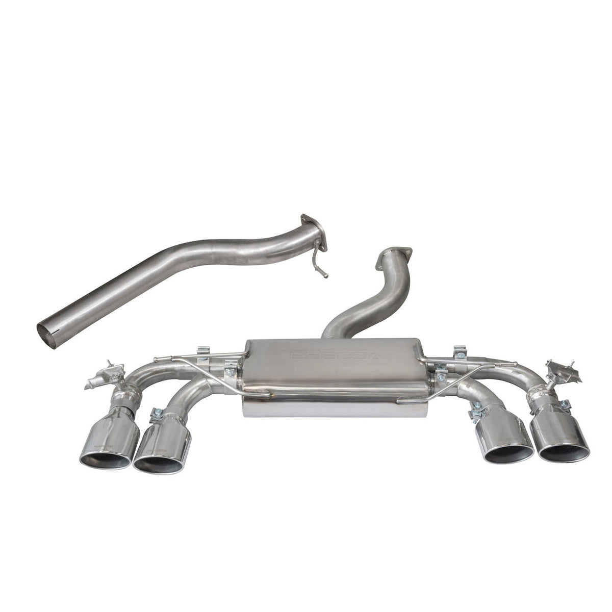 Cobra Sport VW Golf R Mk7.5 2.0 TSI cat back performance exhaust with dual tips and Valvetronic system, non-resonated design.