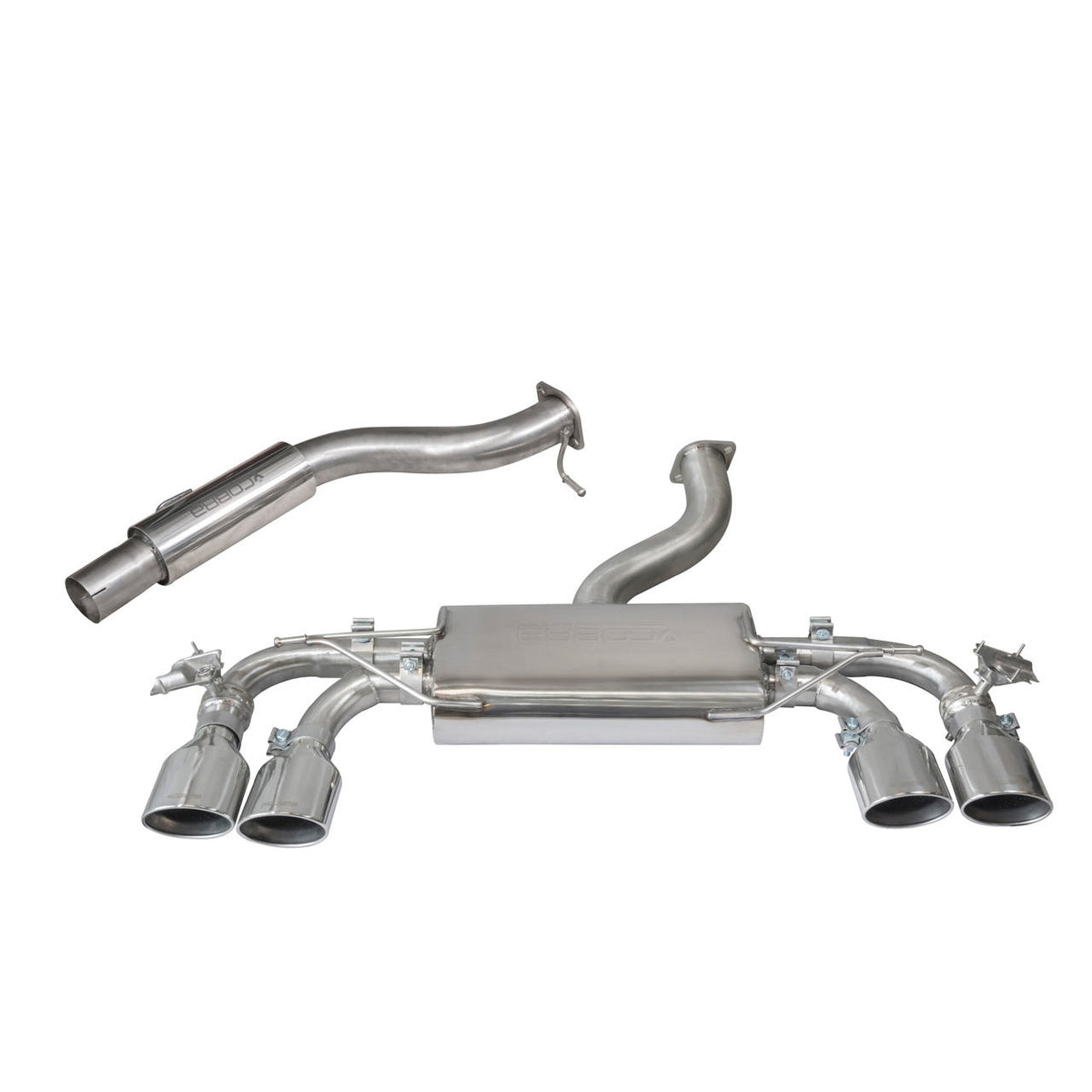 Cobra Sport VW Golf R Mk7.5 2.0 TSI cat back exhaust system with resonated muffler and polished tips, designed for performance and sound.