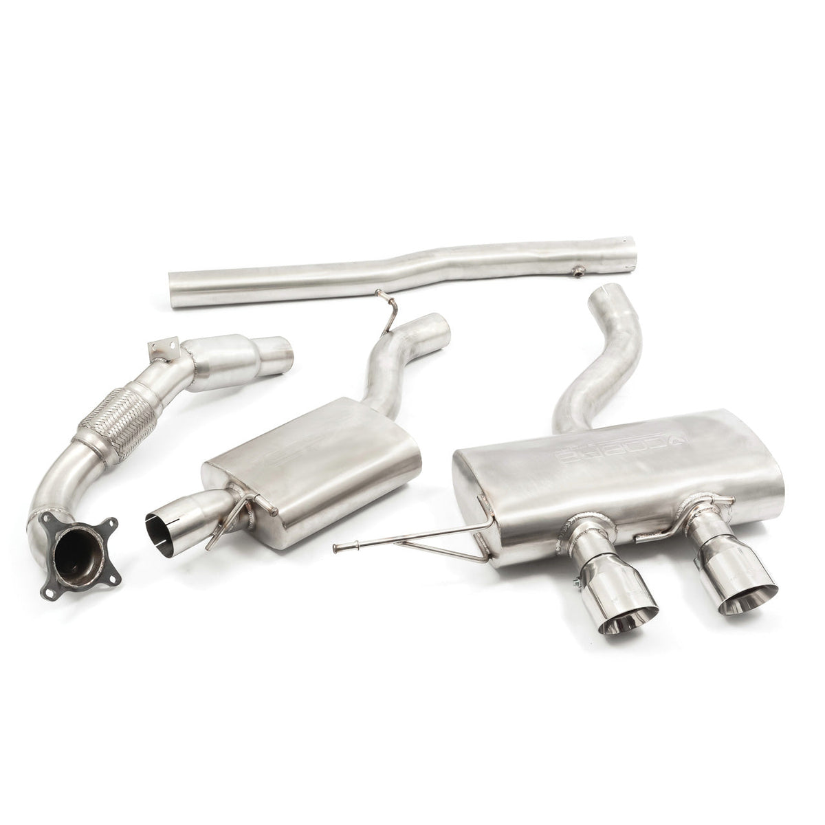 Cobra Sport turbo back performance exhaust for VW Golf R Mk6 2.0 TSI, featuring polished metal pipes and dual tailpipes.