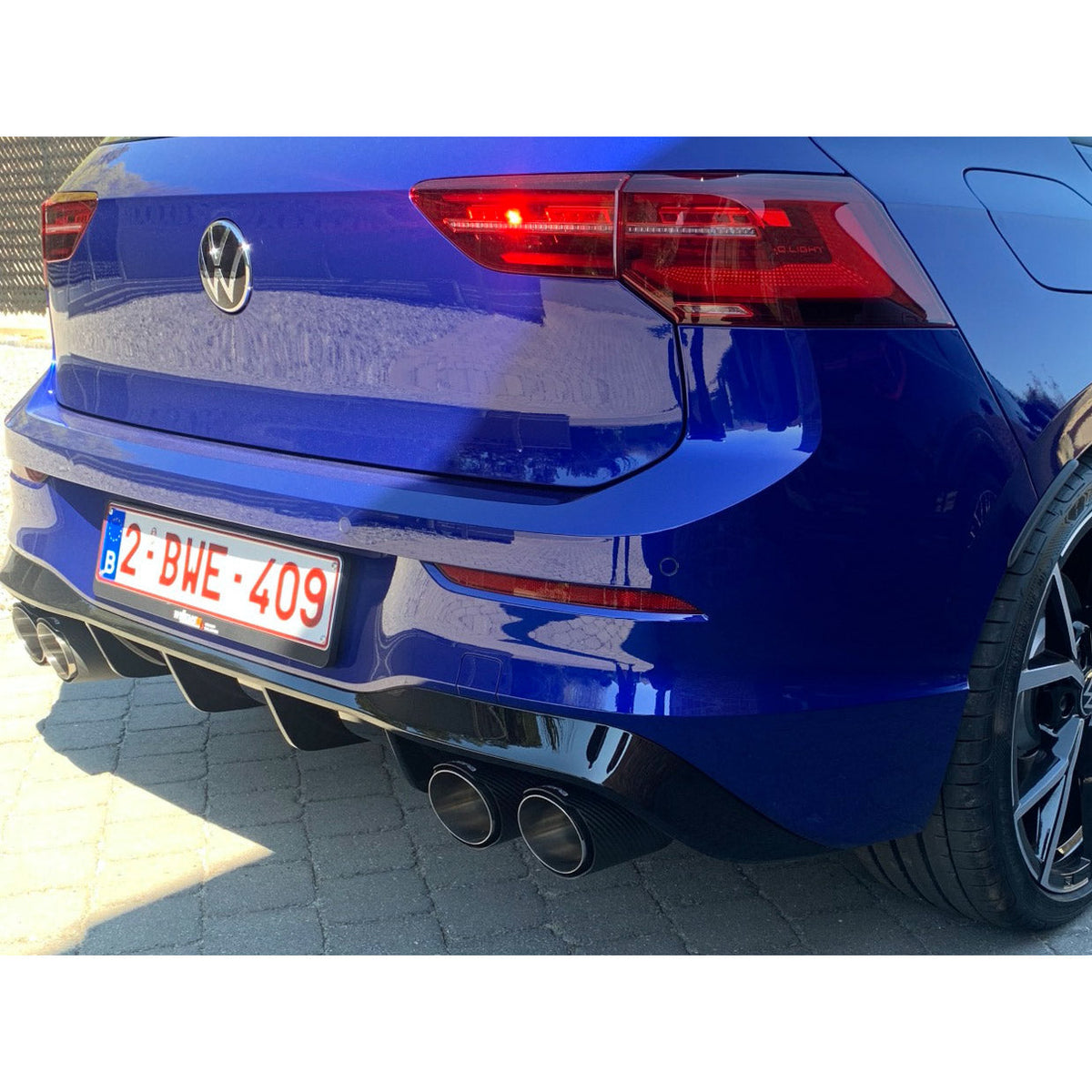 Cobra Sport VW Golf R Mk8 2.0 TSI GPF back exhaust with carbon fibre tailpipes, showcasing sleek performance exhaust design.
