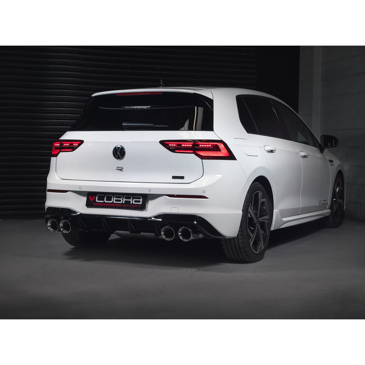 Cobra Sport VW Golf R Mk8 2.0 TSI GPF back performance exhaust, showcasing the sleek exhaust tip and pipe details.