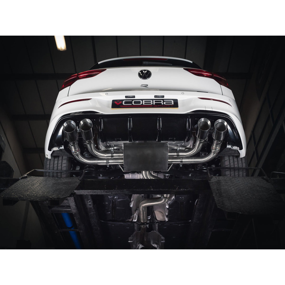 Cobra Sport VW Golf R Mk8 2.0 TSI GPF back performance exhaust, showcasing the sleek exhaust tips and polished finish.