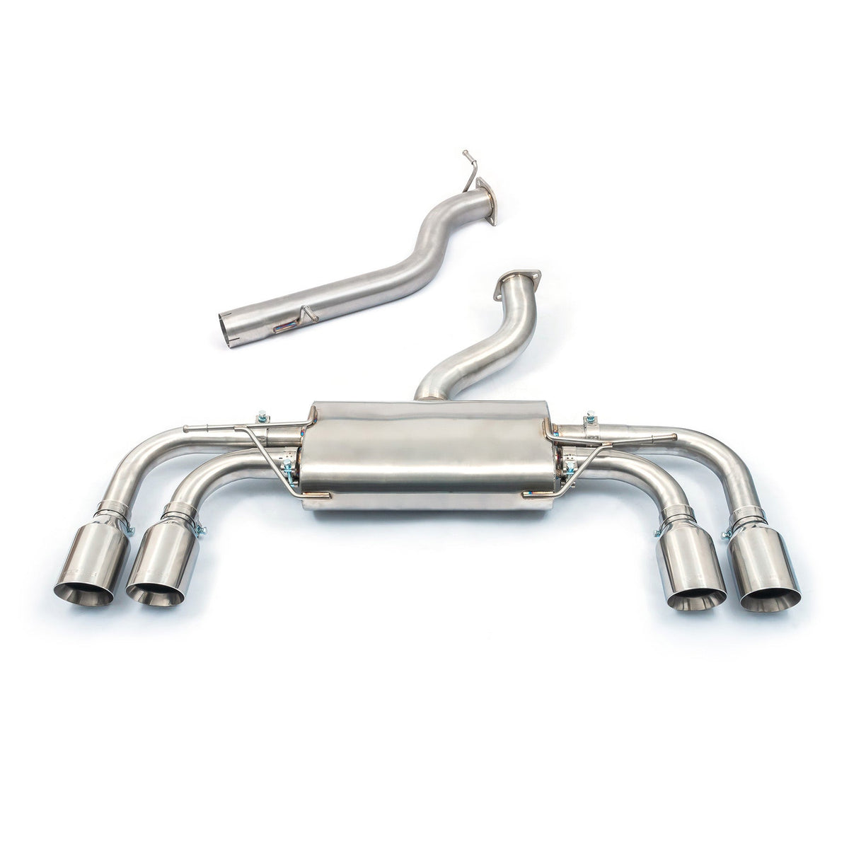 Cobra Sport VW Golf R Mk8 2.0 TSI GPF back performance exhaust with non-resonated, non-valved design, showcasing the exhaust system.