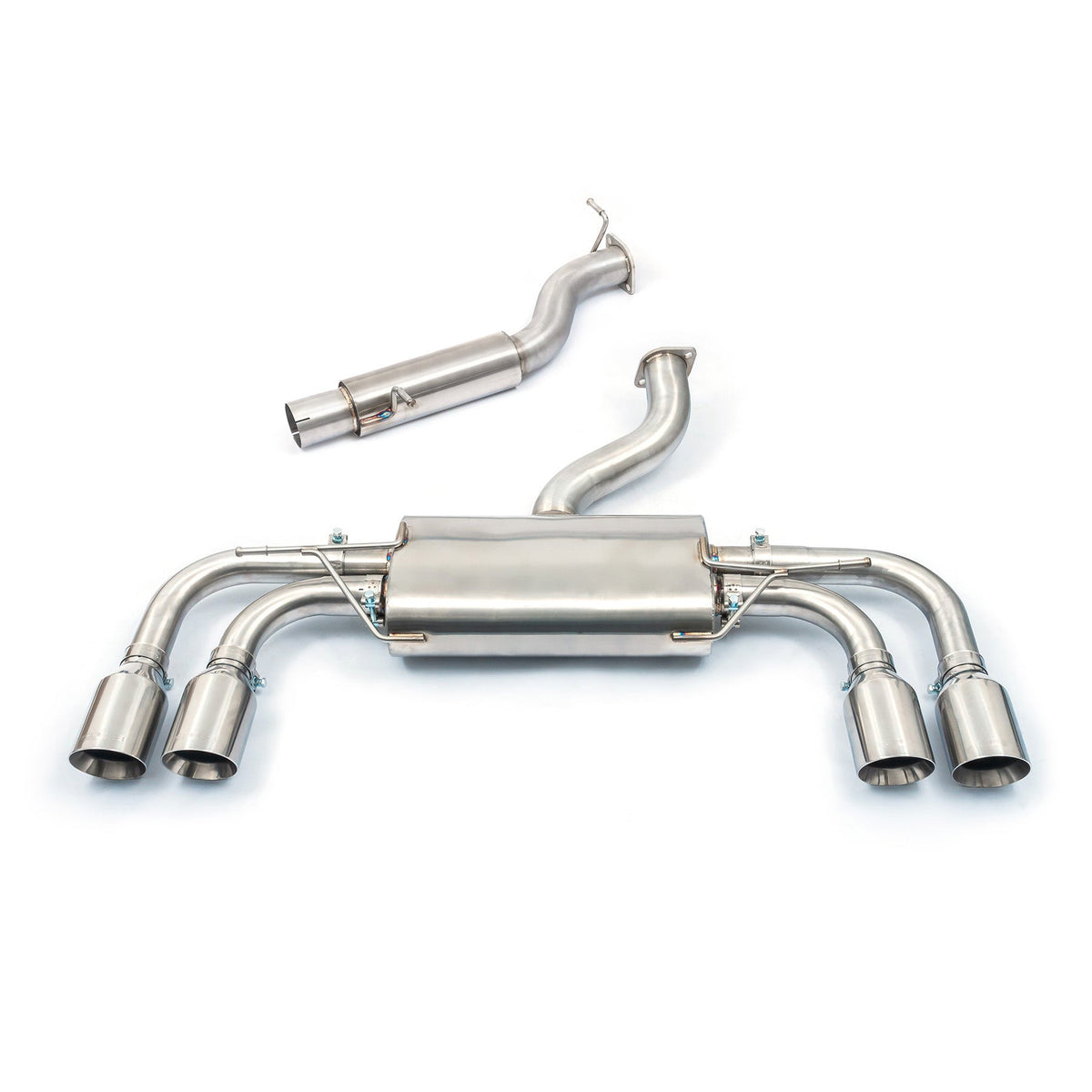 Cobra Sport VW Golf R Mk8 2.0 TSI GPF back performance exhaust with non-valved design and polished finish.