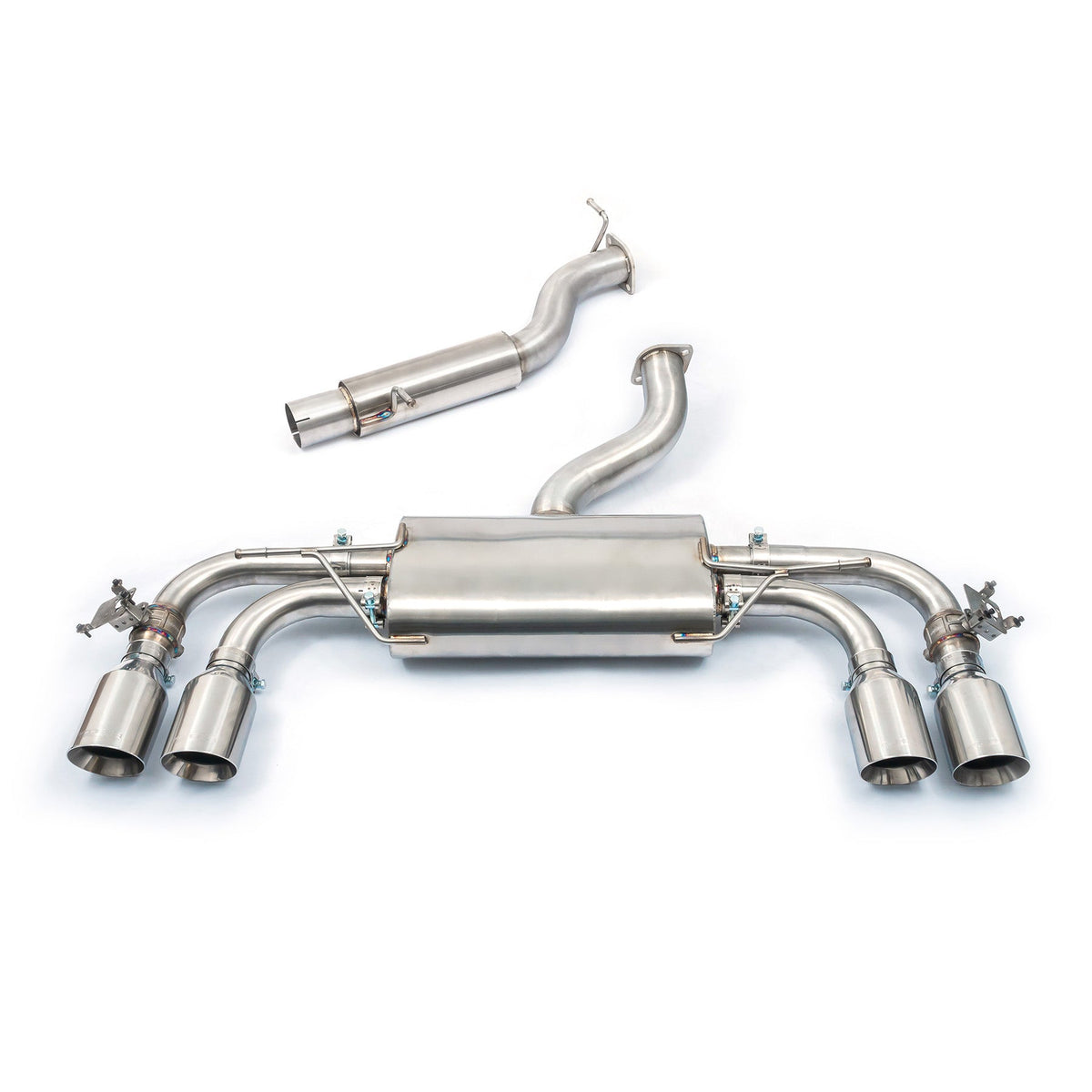 Cobra Sport VW Golf R Mk8 2.0 TSI GPF back performance exhaust with valve, rear view showing polished tips and exhaust design.