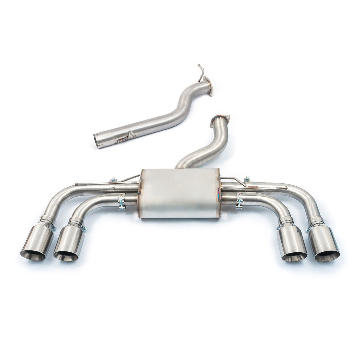Cobra Sport VW Golf R Mk8 2.0 TSI Race GPF back performance exhaust with non-resonated, non-valved design, black finish.