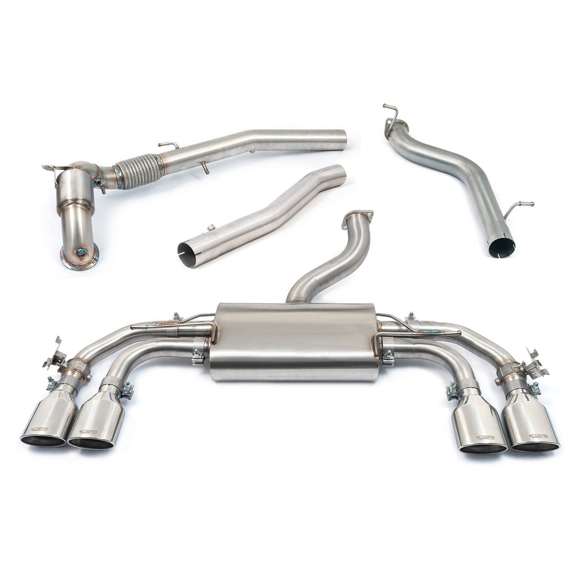 Cobra Sport VW Golf R Mk8 2.0 TSI turbo back performance exhaust with valved system and sports cat, black finish, detailed shot
