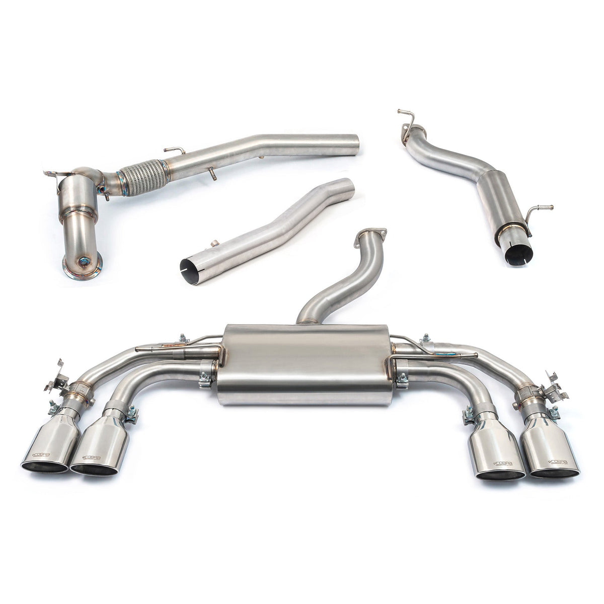Cobra Sport VW Golf R Mk8 2.0 TSI turbo back performance exhaust with valves, featuring a sleek, polished metal finish.