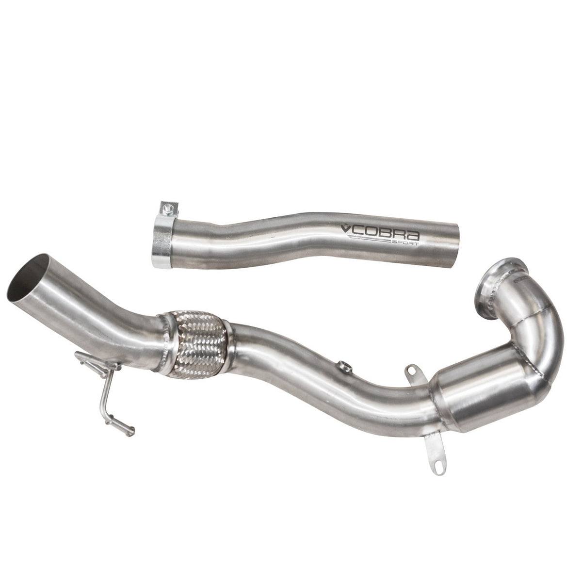 Cobra Sport front downpipe for VW Polo GTI 6C 1.8 TSI, performance exhaust component with sports cat or de-cat option.